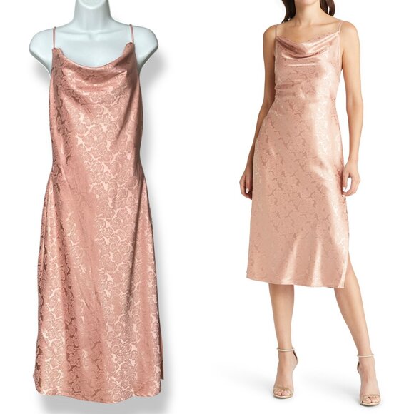 Lulus Dress Cowl Neck Pink Floral Print Iridescent Size Small Midi Side Slit - Picture 1 of 13